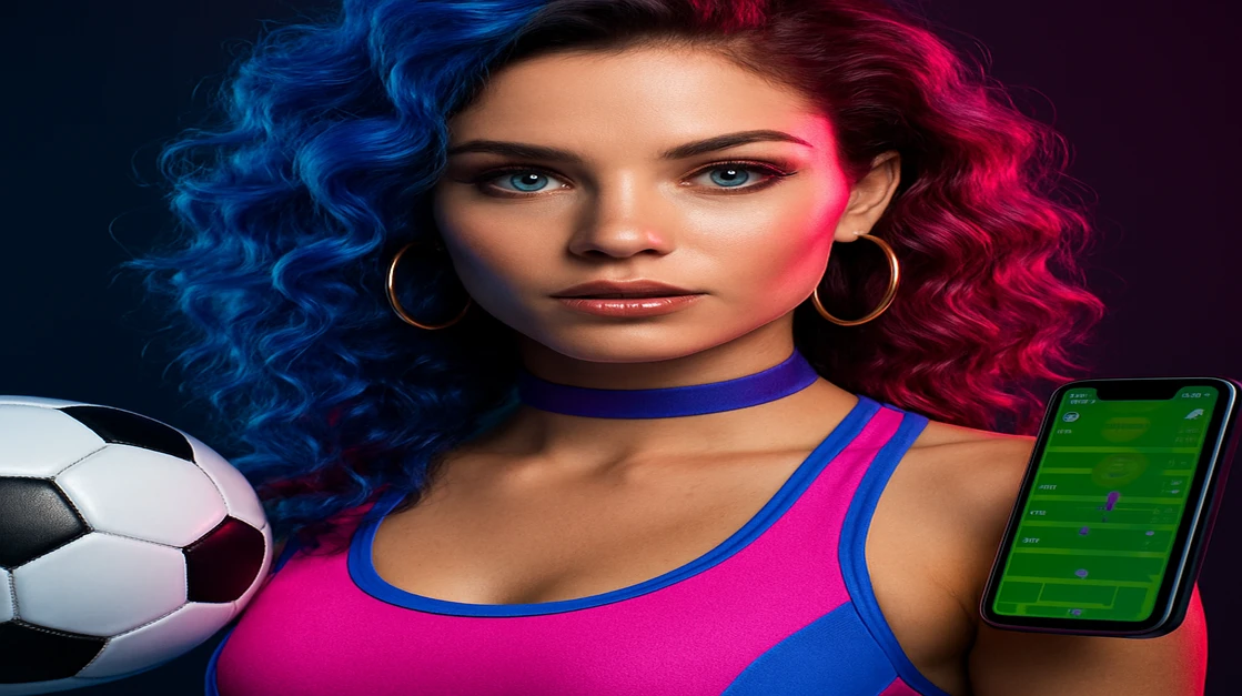 একজন স্টাইলিশ নারীর কাছে, উজ্জ্বল ঘন curly চুলসহ তিনি একটি ফুটবল বল ও একটি স্মার্টফোন ধরে আছেন, ctg777 অ্যাপ-সহ লাইভ স্পোর্টস গেমিং-র মজা ও ফ্যাশন-সংগঠিত দিকটি প্রদর্শিত হচ্ছে।